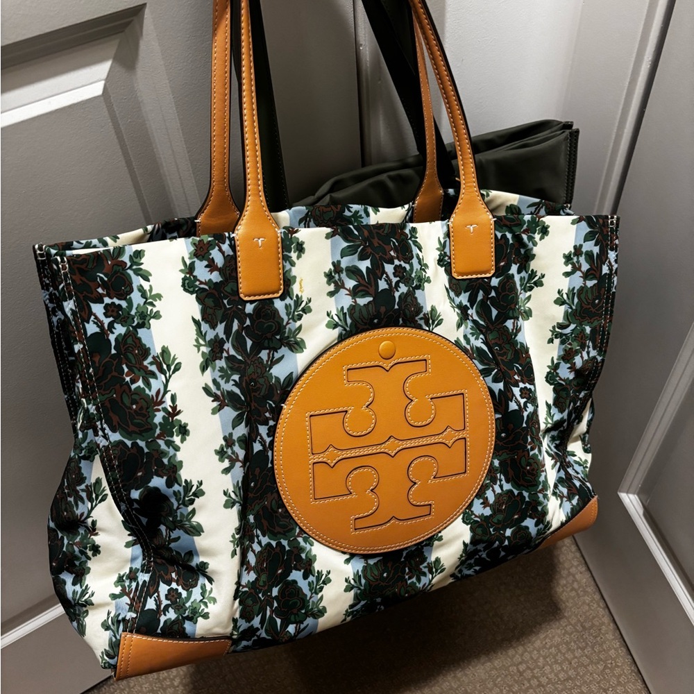 Tory Burch Floral Tote with Tan and green Accents